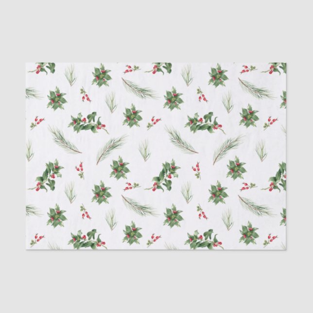 Simple Classic Holly Berry Watercolor Christmas Tissue Paper (Front)