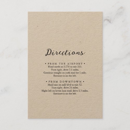 Simple Classic Kraft Wedding Directions  Enclosure Card