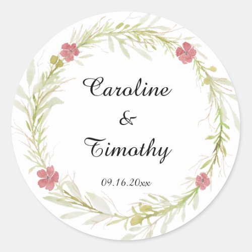 Simple Classic Leafy Floral Wreath Wedding Classic Round Sticker