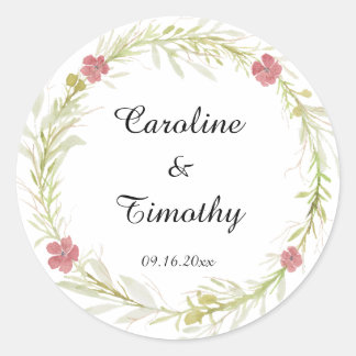 Simple Classic Leafy Floral Wreath Wedding Classic Round Sticker
