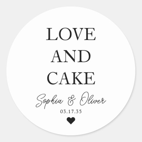 Simple Classic LOVE AND CAKE Heart Wedding Favor Classic Round Sticker