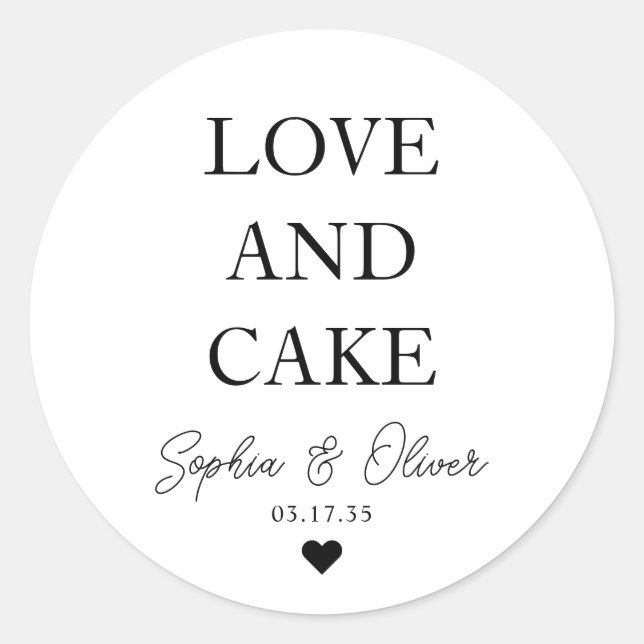 Simple Classic LOVE AND CAKE Heart Wedding Favor Round Sticker (Front)