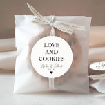 Simple Classic LOVE COOKIES Heart Wedding Favor Classic Round Sticker<br><div class="desc">A Classic Black Thank You Wedding Sticker featuring "Love and Cookies" in a classic modern elegant font. 
You can easily personalized it with your names and wedding date.</div>