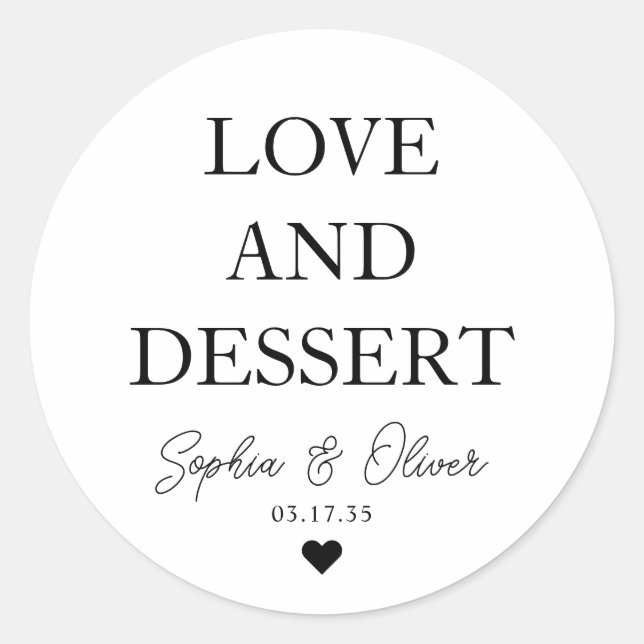 Simple Classic LOVE DESSERT Heart Wedding Favor Round Sticker (Front)