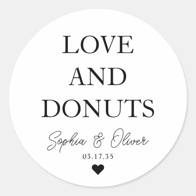Simple Classic LOVE DONUTS Heart Wedding Favor Classic Round Sticker (Front)