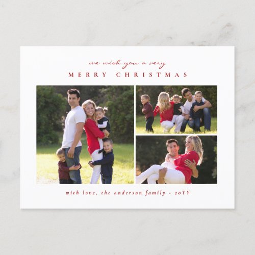 Simple Classic Minimal Merry Christmas Red 3 Photo Holiday Postcard