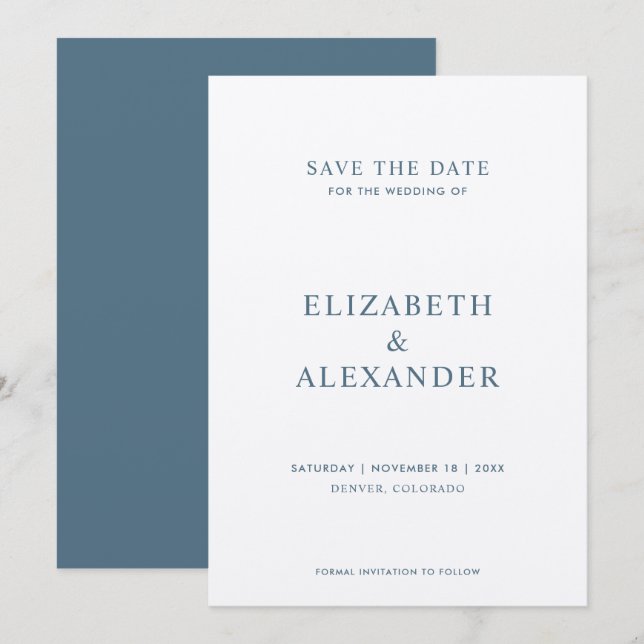 Simple Classic Minimalist Dusty Blue Wedding Save The Date (Front/Back)