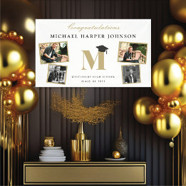 Simple Classic Monogram 4 Photo Graduation Party Banner