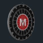 Simple Classic Monogram Black Red Dart Board<br><div class="desc">Modern black dart board with simple red monogram medallion with classic block typography initial in white. Personalize with monogram initial; use customize menu to change background color or typography.</div>