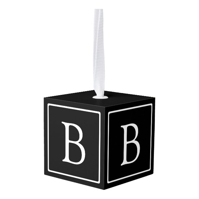 Simple Classic Monogram | Black w/ White Text Cube Ornament (Back Angled)