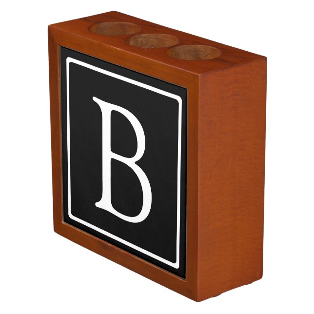 Simple Classic Monogram | Black w/ White Text Desk Organizer (Angled)