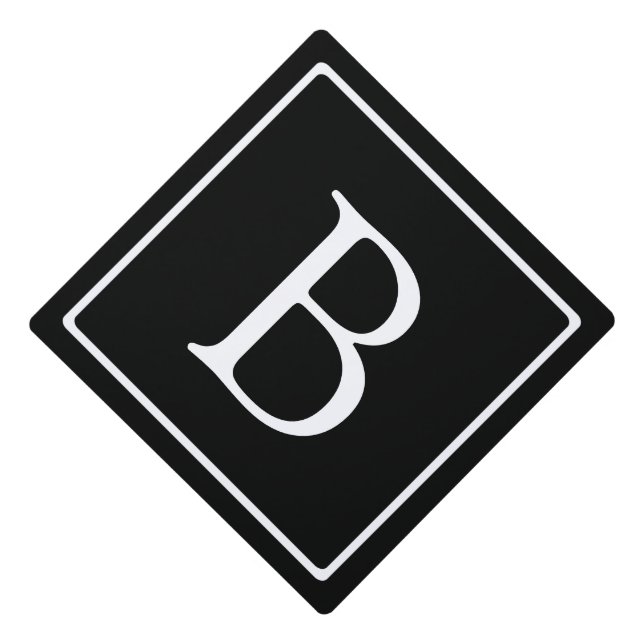 Simple Classic Monogram | Black w/ White Text Graduation Cap Topper (Front)