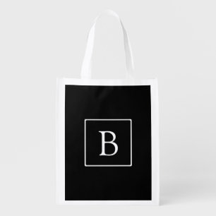 Simple Classic Monogram   Black w/ White Text Grocery Bag