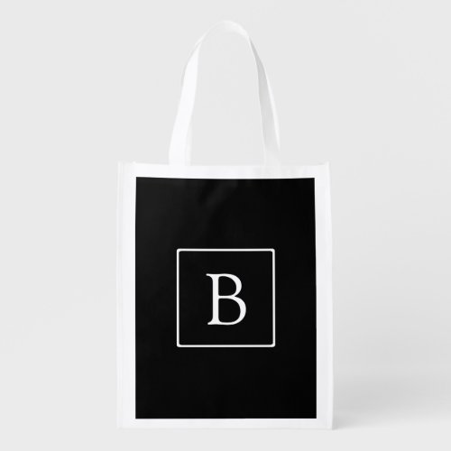 Simple Classic Monogram  Black w White Text Grocery Bag
