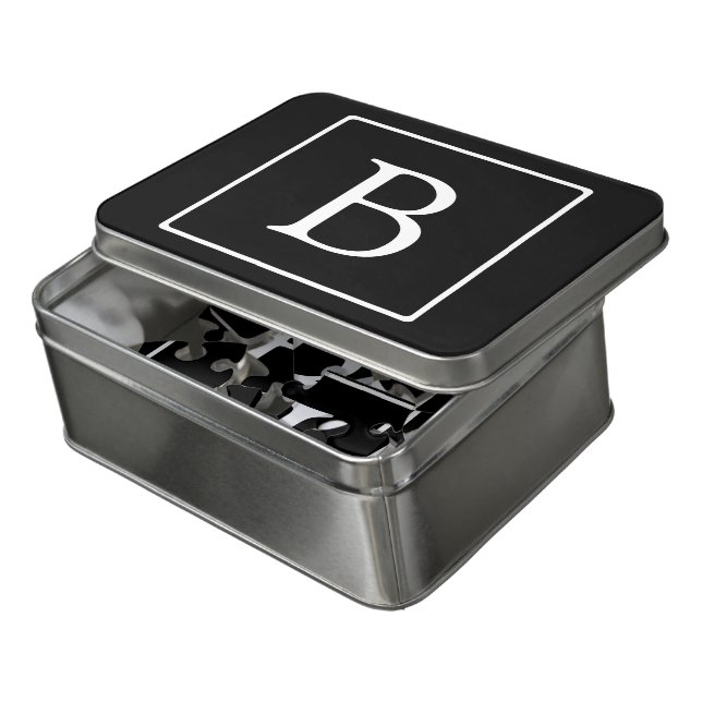 Simple Classic Monogram | Black w/ White Text Jigsaw Puzzle (Lid Open)