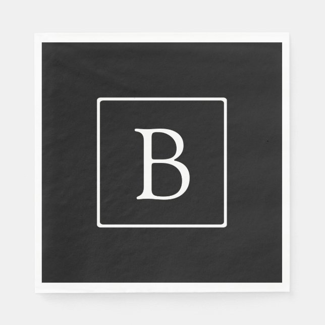 Simple Classic Monogram | Black w/ White Text Napkins (Front)