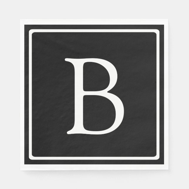 Simple Classic Monogram | Black w/ White Text Napkins (Front)