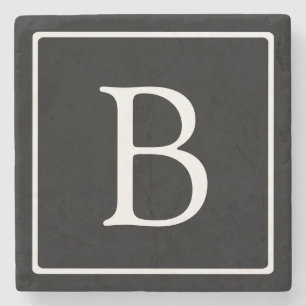 Simple Classic Monogram   Black w/ White Text Stone Coaster