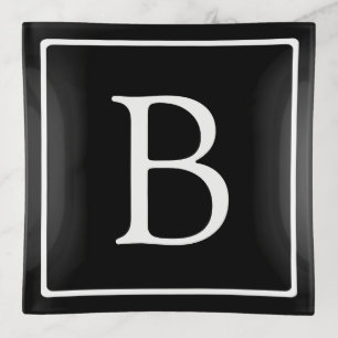 Simple Classic Monogram   Black w/ White Text Trinket Tray