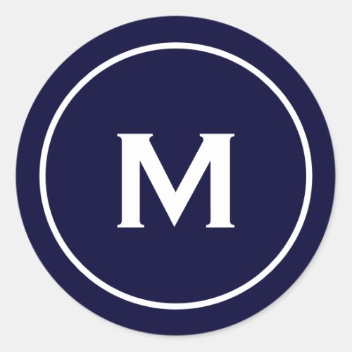 Simple Classic Monogram Navy Blue White Classic Round Sticker