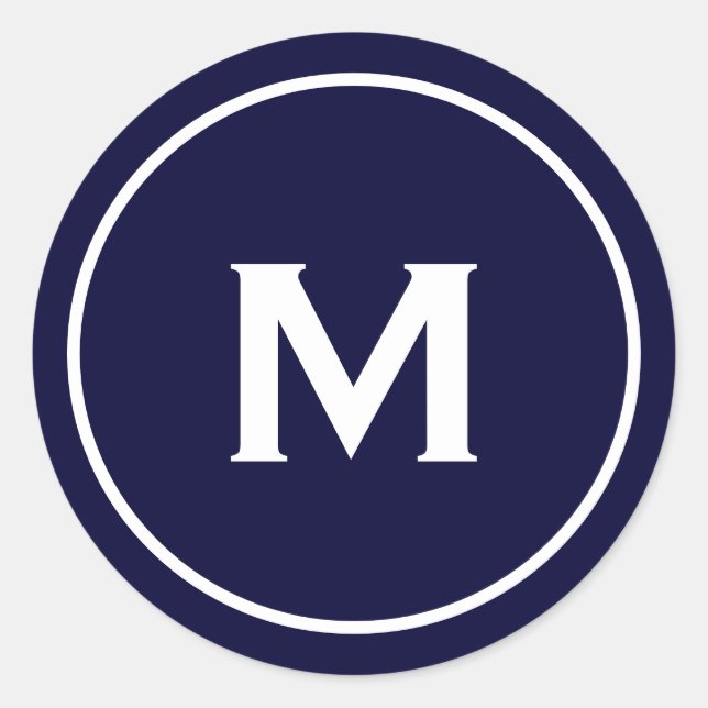 Simple Classic Monogram Navy Blue White Classic Round Sticker (Front)