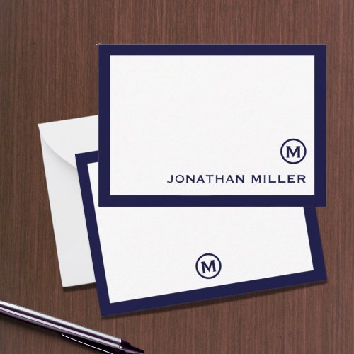 Simple Classic Monogram Navy White Note Card