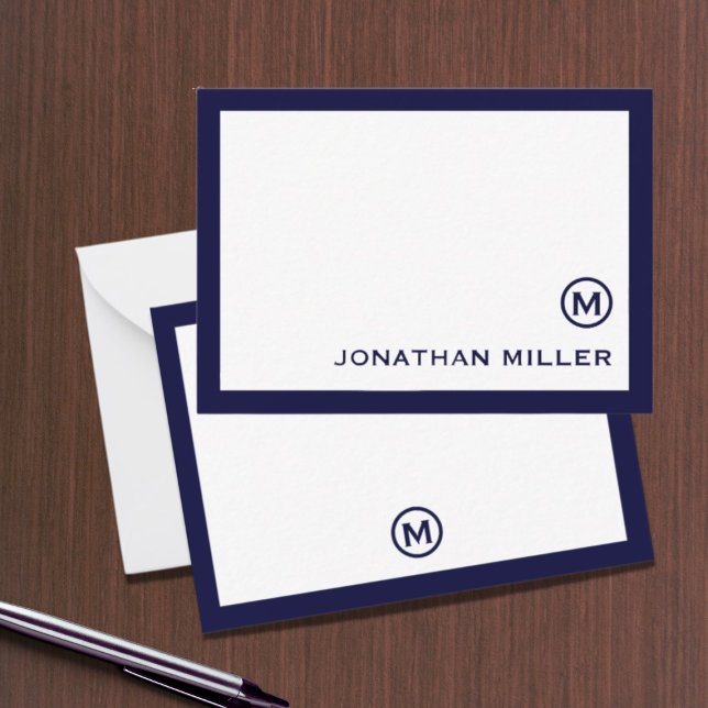 Simple Classic Monogram Navy White Note Card (Creator Uploaded)
