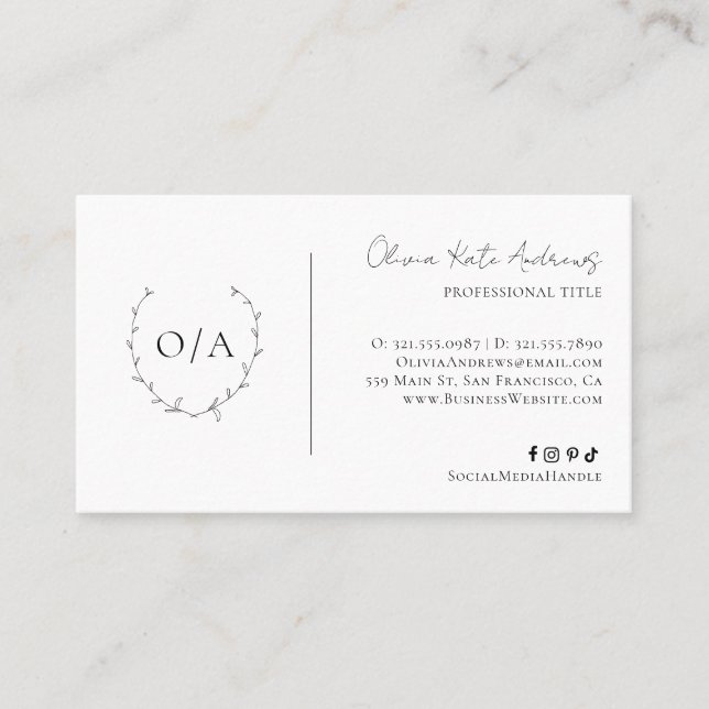 Simple Classic Monogram Wreath Elegant Business Card (Front)