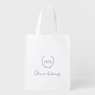 Simple Classic Monogram Wreath Elegant Grocery Bag