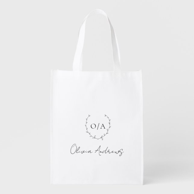 Simple Classic Monogram Wreath Elegant Grocery Bag (Front)