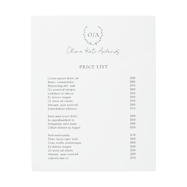 Simple Classic Monogram Wreath Elegant Metal Print (Front)