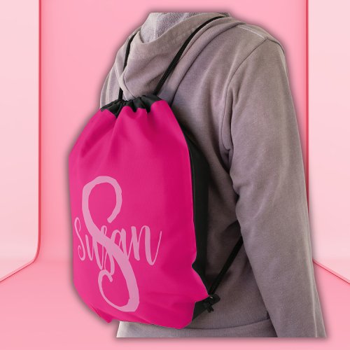 Simple classic monogrammed name and initial PINK  Drawstring Bag