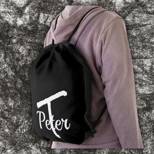 Simple classic monogrammed name with initial  drawstring bag