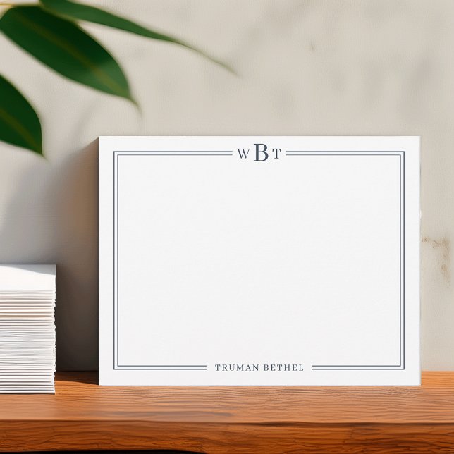 Simple Classic Navy Blue 3-Initial Monogram & Name Note Card (Creator Uploaded)