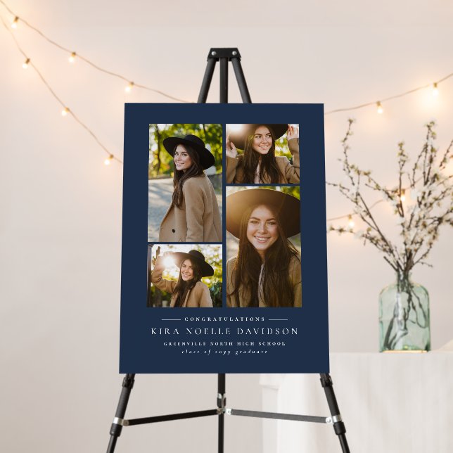 Simple classic navy blue four photo graduation foam board (In Situ (Stand))