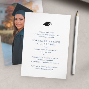 Simple Classic Navy Blue Photo Graduation Announcement