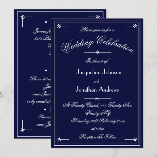 Simple Classic Navy Blue White All In One Wedding Invitation