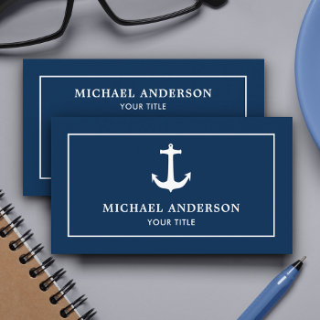 Simple Classic Navy Blue White Nautical Anchor Business Card by ShabzDesigns at Zazzle