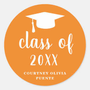 Simple Classic Orange and White Graduation Cap Round Sticker