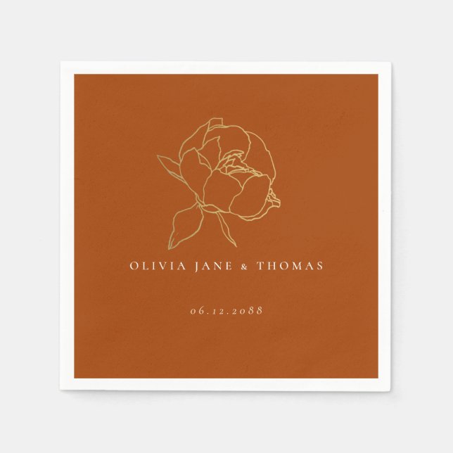 Simple Classic Peony Rust Gold Fall Floral Wedding Napkins (Front)