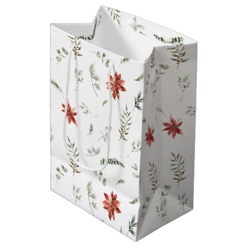Simple Classic Poinsettia Berry Greenery Christmas Medium Gift Bag