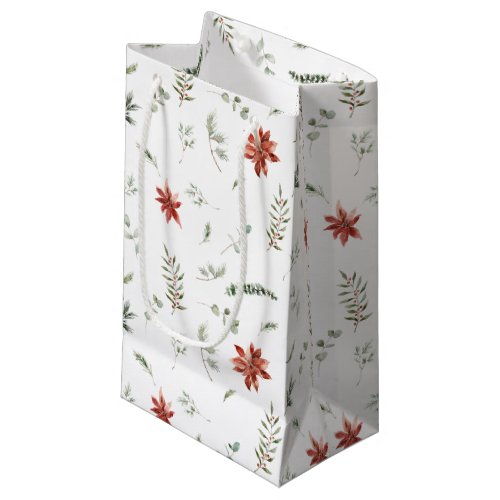 Simple Classic Poinsettia Berry Greenery Christmas Small Gift Bag