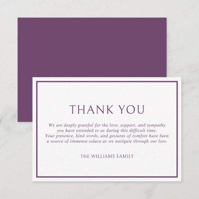 Simple Classic Purple Frame Funeral Sympathy Thank You Card (Front/Back)