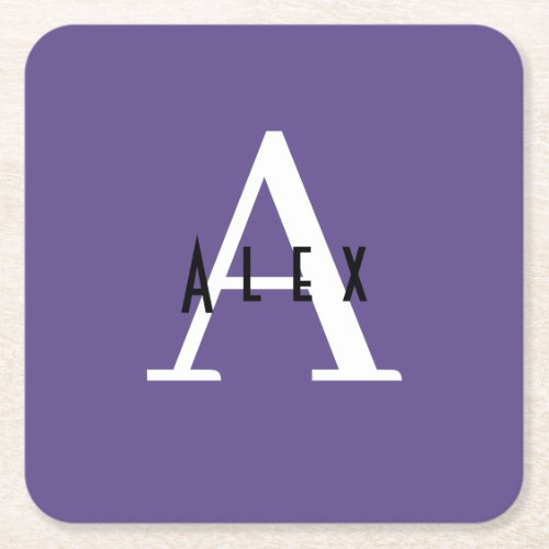 Simple Classic Purple Monogram Name  Initial Square Paper Coaster
