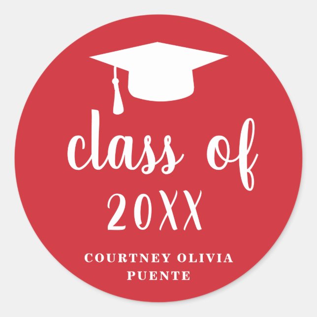 Simple Classic Red and White Graduation Cap Round Sticker (Front)