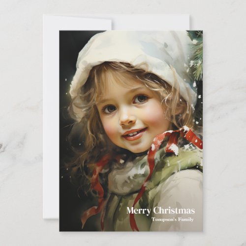 Simple classic retro girl with holly berry holiday card