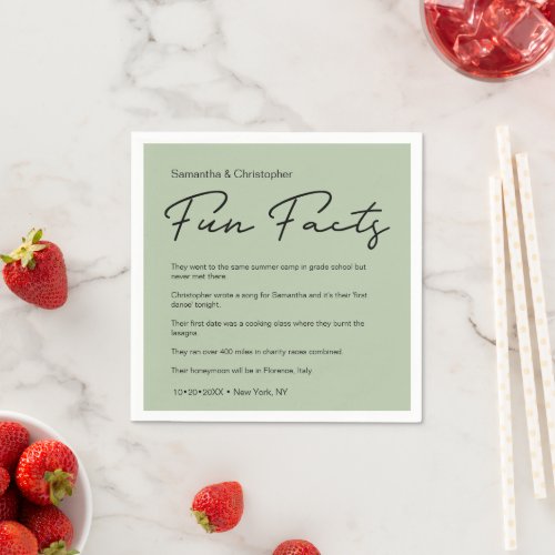 SImple Classic Sage green fun fact list Wedding Napkins