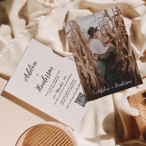 Simple Classic Script Photo QR Code Wedding Invitation