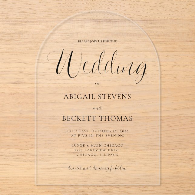 Simple Classic Script Wedding Acrylic Invitations (Front)