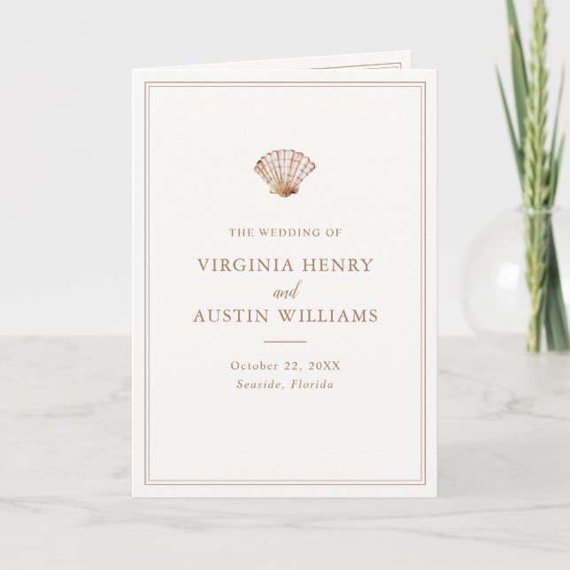 Simple Classic Seashell Beach Wedding Folded Program (Front)